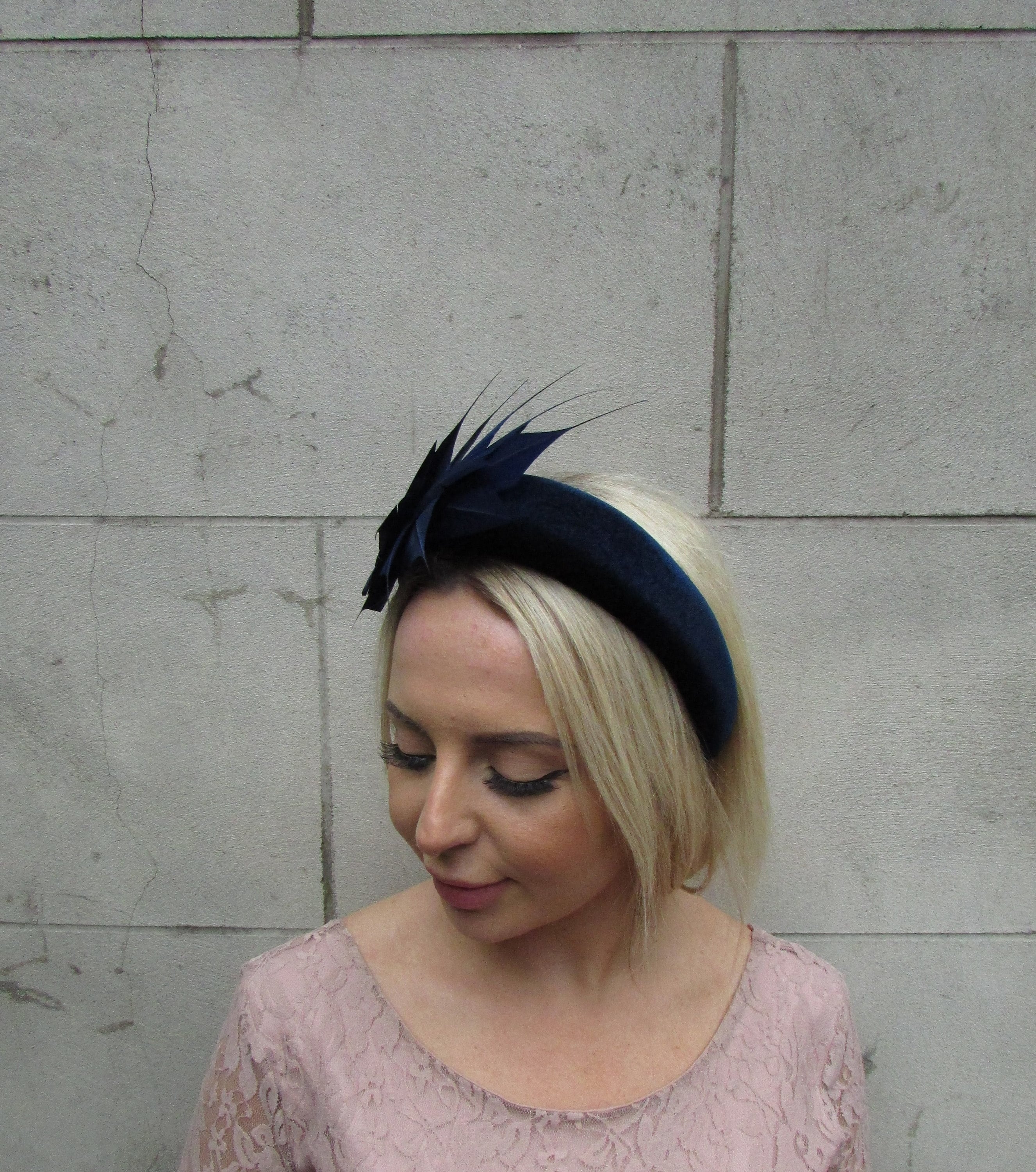 Navy Blue Feather Velvet Padded Headband Fascinator Headpiece Etsy UK