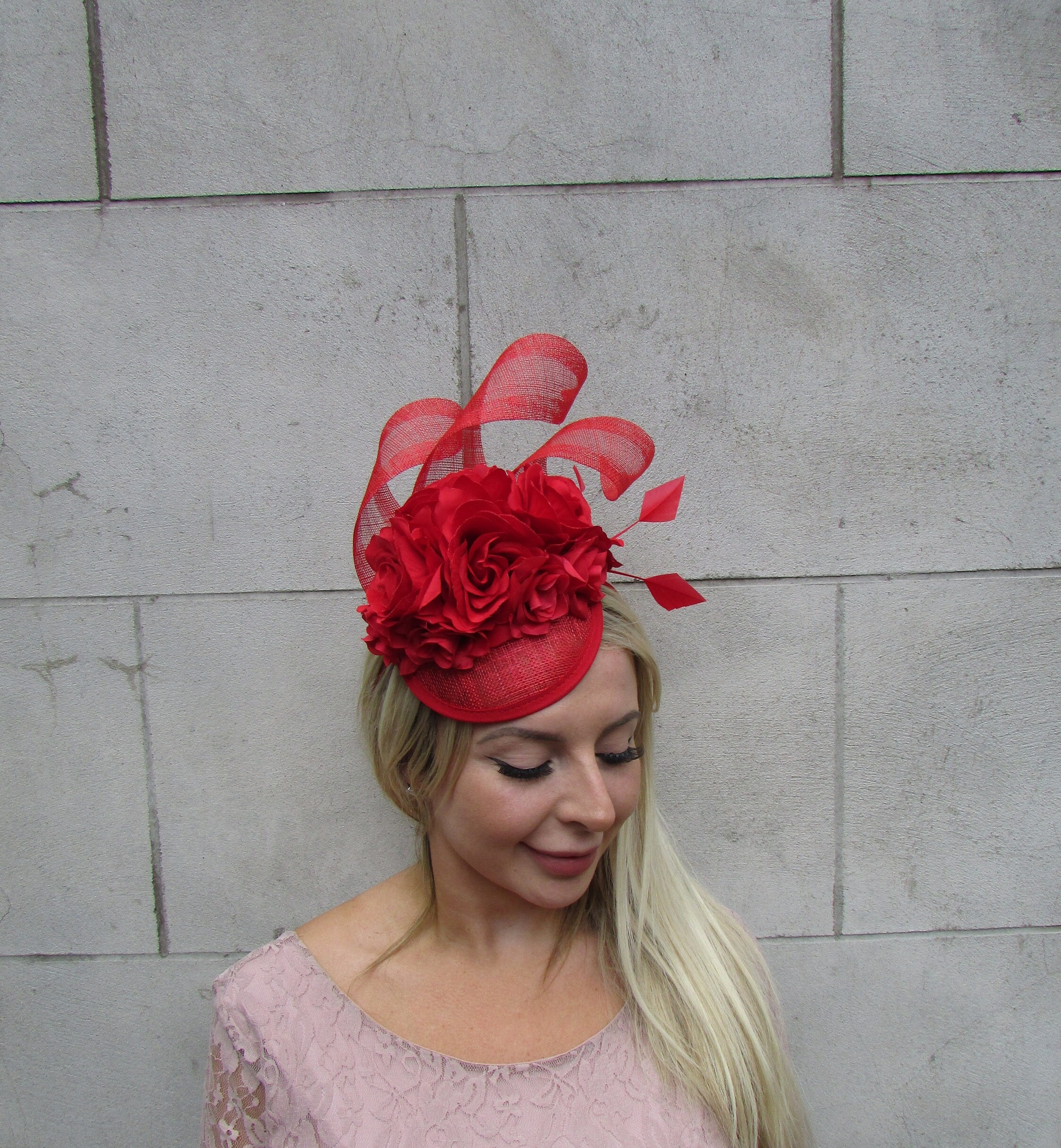 Women\'s Handmade Red Fascinator With Headband Flower Feathers 16\