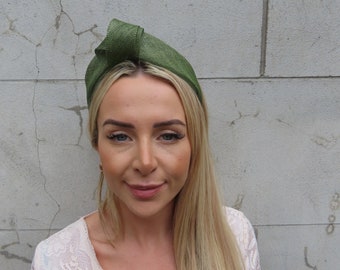 Khaki Green Sinamay Knot Fascinator Headband Turban Headpiece Races Wedding Guest Olive Sage Green