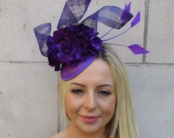 Purple Sinamay Rose Flower Feather Pillbox Hat Fascinator Races Hair Wedding SH-14