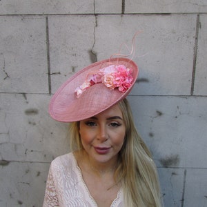 One off Piece - Large Dusky Pink Blush Floral Flower Sinamay Hat Wedding Fascinator Big Disc Saucer on a Headband Wedding Guest Races u10311