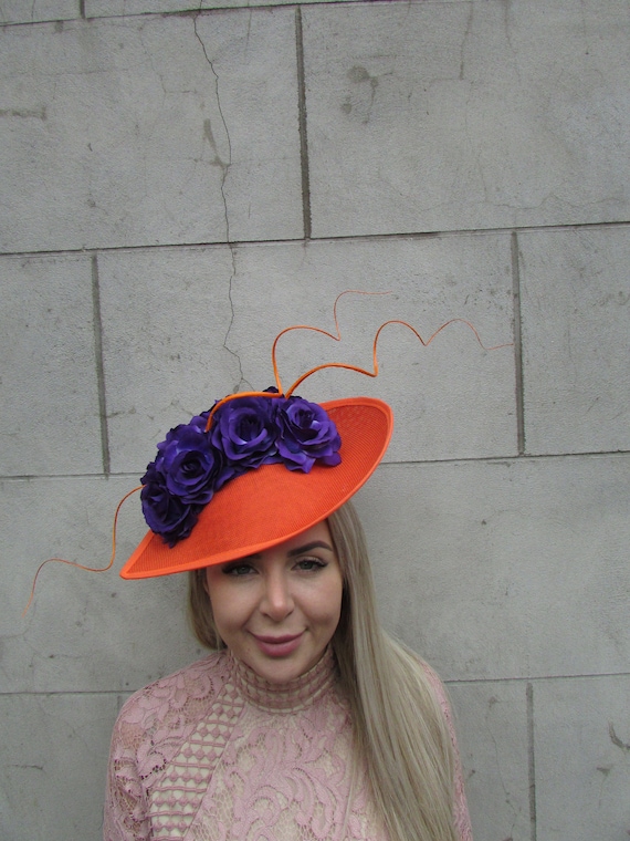 Large Purple & Orange Fascinator Hat Flower Teardrop Races  display picture 1