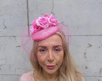 Baby Pink Rose Flower Birdcage Veil Fascinator Pillbox Hat Races Wedding Guest Headpiece Light Pink Sinamay u12710