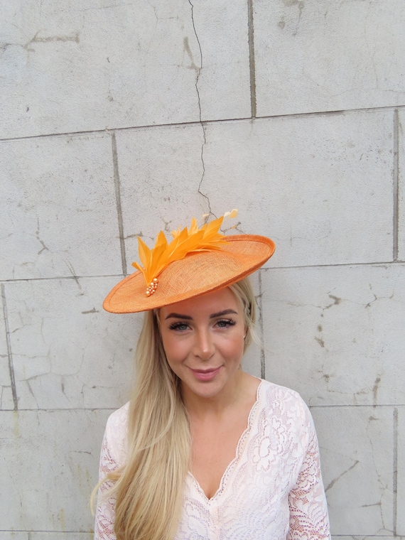 One off Piece - Large Light Orange Pearl Feather Sinamay Hat  display picture 1