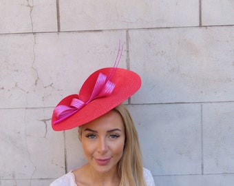 One off Piece Large Red & Magenta Hot Pink Straw Style Hat Fascinator Wedding Guest Races Ladies Day Disc Headband Hatinator u10505