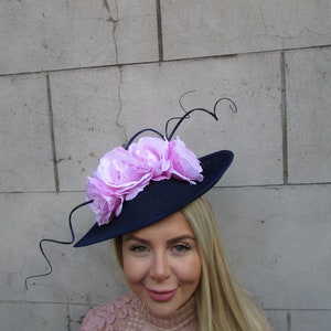 Large Navy Blue & Light Pink Rose Flower Fascinator Hat Big Teardrop Tilted Wedding Guest Headpiece Races Floral sh-465