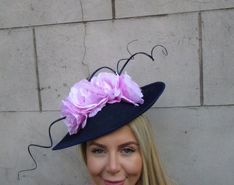 Navy Wide Brim Straw Hat With Pink Roses, Ascot Wedding  display picture 1