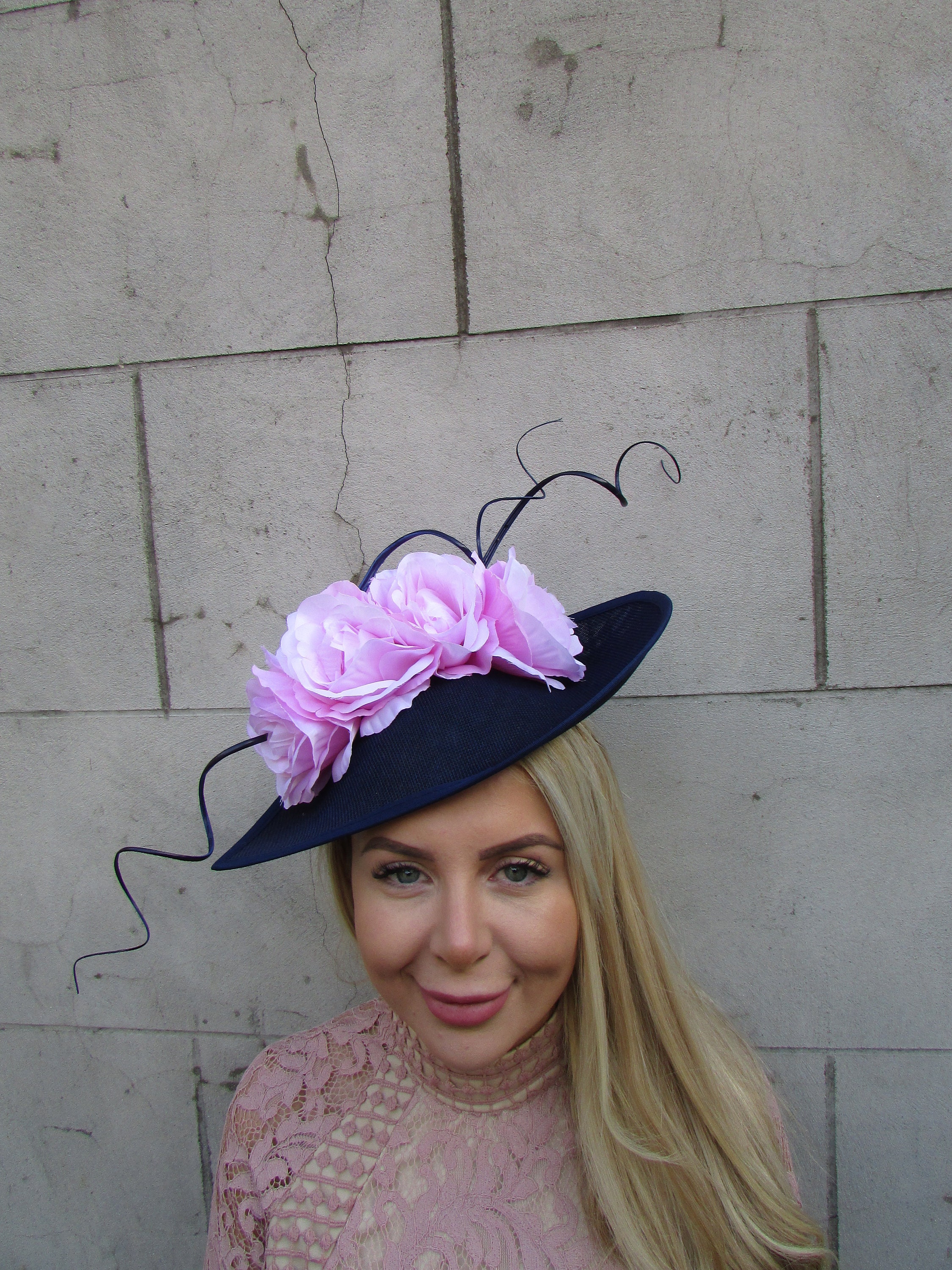 Large Navy Blue & Light Pink Rose Flower Fascinator Hat Big