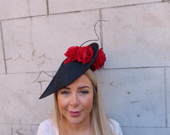 Black and Red Sinamay Feather Flower Fascinator Clip/pin  display picture 1