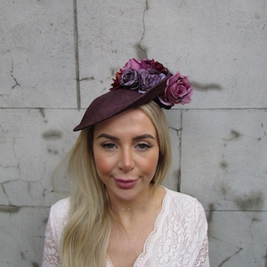 Dark Plum Grape Purple Flower Fascinator Disc Hat Hatinator Races Wedding Guest Headband Headpiece Ladies Day Saucer Floral Hatinator u10311