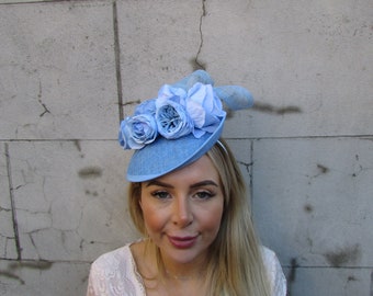 Light Blue Flower Floral Hair Fascinator Disc Hat Wedding Races Saucer Headpiece Headband Hatinator Baby Blue u10311