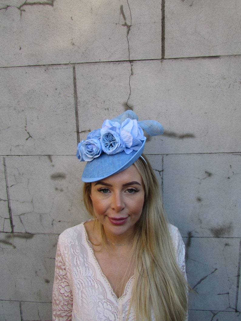 Light Blue Flower Floral Hair Fascinator Disc Hat Wedding Races Saucer Headpiece Headband Hatinator Baby Blue u10311 image 1