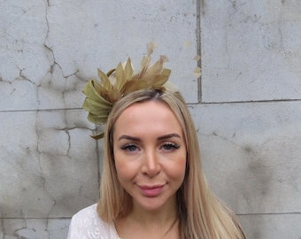 Olive Green Feather Fascinator Headband Wedding Guest Headpiece Races Sinamay Chartreuse