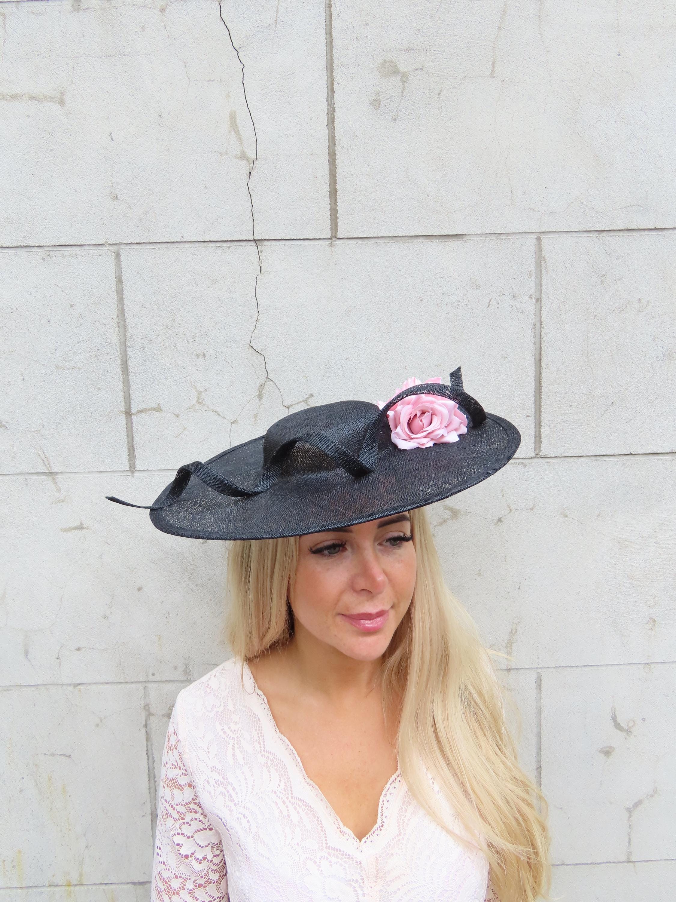 Large Black & Dusky Blush Pink Flower Hat Fascinator Disc 