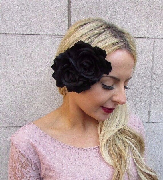 Large Double Black Rose Flower Hair Clip Fascinator Rockabilly Etsy
