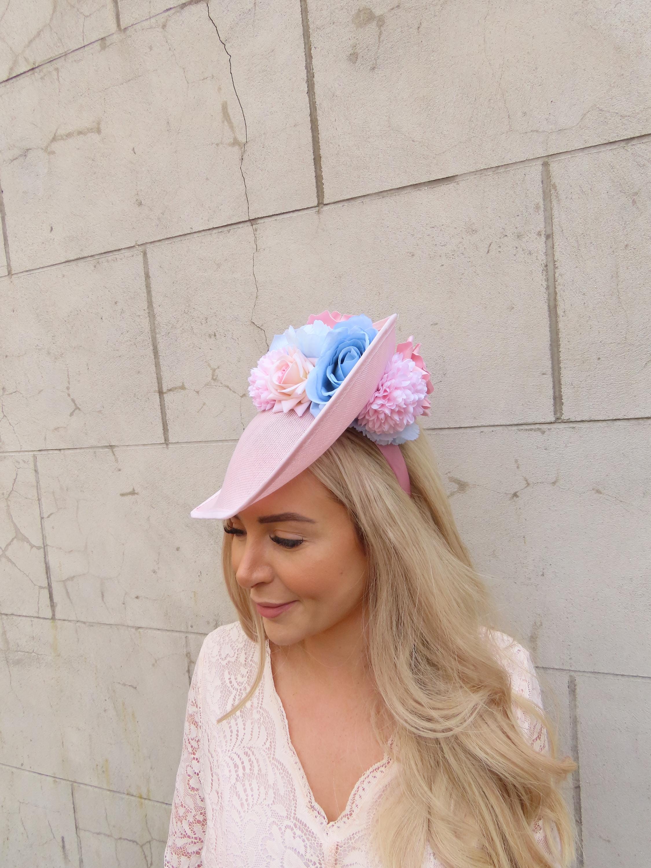 Large Light Blush Pink Baby Blue Flower Fascinator Hat Big Teardrop ...