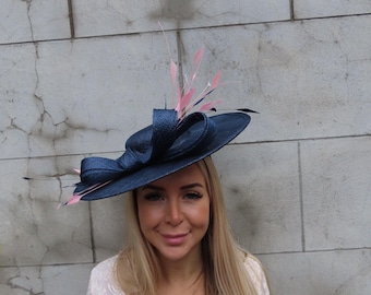 Elegant Navy Straw Hat with Pink Flower Accent Navy Wide Brim Straw Hat With Pink Roses, Ascot Wedding  main image 3