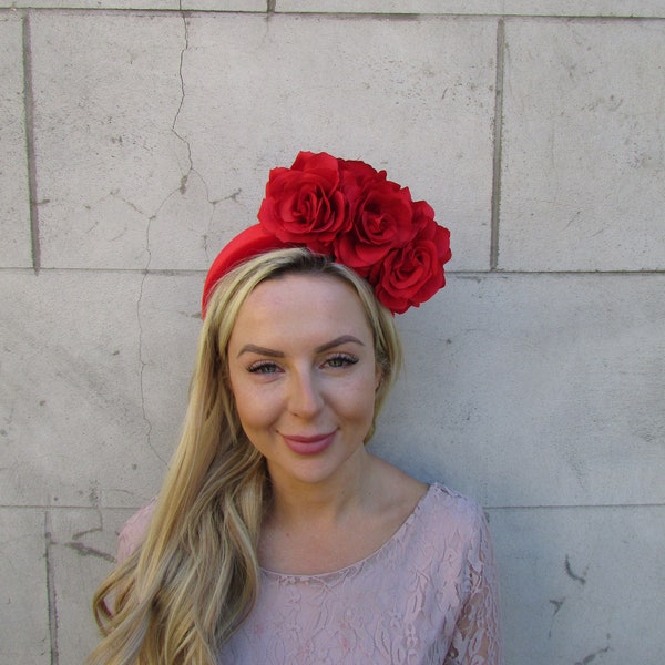 Bright Red Rose Flower Velvet Padded Headband Fascinator Headpiece Wedding Races Hairband Halo SH-45