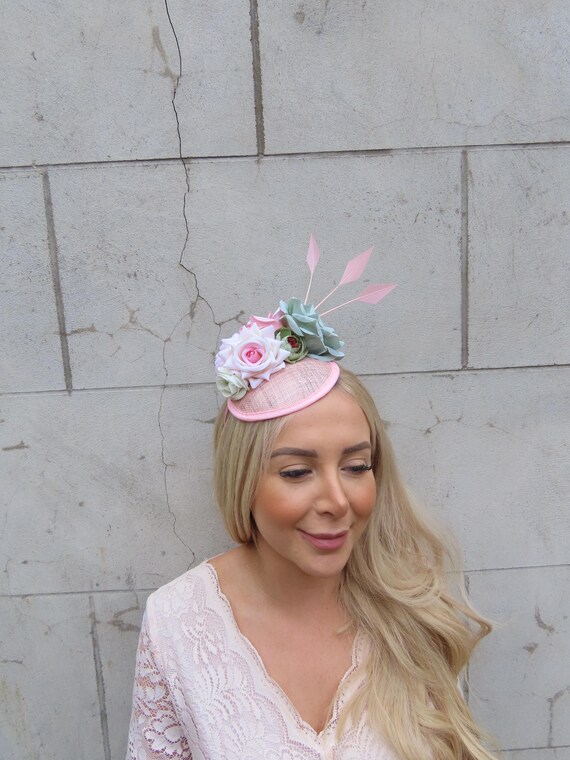Light Pink & Sage Green Flower Fascinator Floral Pillbox Hat  display picture 2