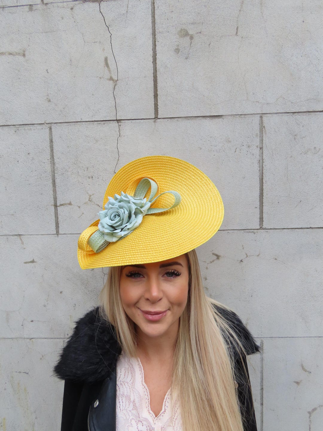 Krewe of Creole Yellow Straw Fascinator Hat with Pink Flower and Green Feathers Stylish Handmade Custom Floral Fascinator by KREWE OF CREOLE  main image 4