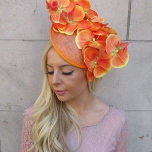 Orange Orchid Flower Saucer Disc Hat Fascinator Headband Wedding Races Hair u1b10