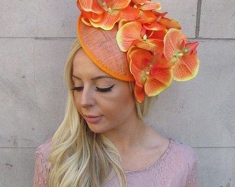 Orange Orchid Flower Saucer Disc Hat Fascinator Headband Wedding Races Hair u1b10