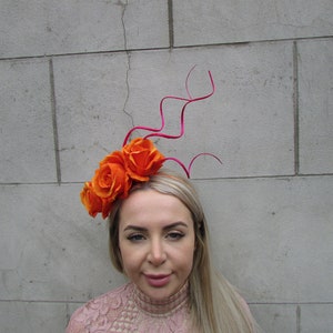 Hot Pink Orange Rose Flower Quill Feather Fascinator Headband Hair Band Races Wedding Floral Fuchsia Pink Cerise Headpiece Womens u10904