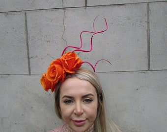 Hot Pink Orange Rose Flower Quill Feather Fascinator  display picture 2