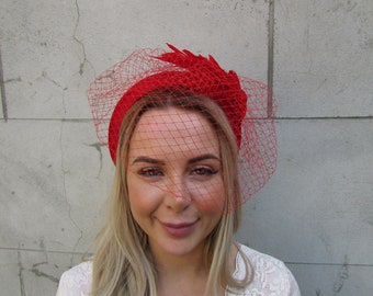RED Fascinator. Red Bow Hat With Mini Birdcage Veil. Red  display picture 3