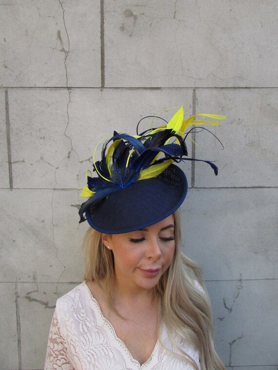 Navy and Yellow Feather Fascinator Headband Navy Blue & Yellow Flower Velvet Padded Headband Fascinator  main image 4