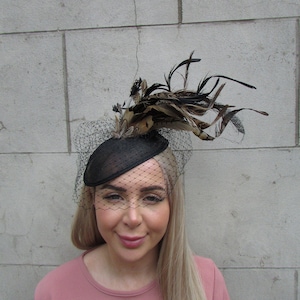 One off Piece - Black Brown Pheasant Feather Sinamay Birdcage Veil Fascinator Oval Pillbox Hat Wedding Guest Headband Headpiece Races u12307