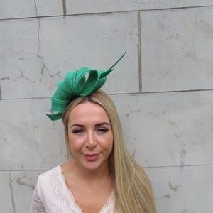 Emerald Green Statement Feather Fascinator Headband Headpiece Races Wedding Guest Sinamay u12207 One off Piece