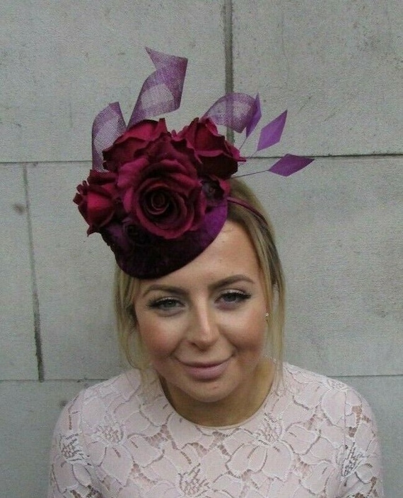 Red and purple feather fascinator Red and Purple Large Feather Fascinator Hat With Rhinestones  main image 4