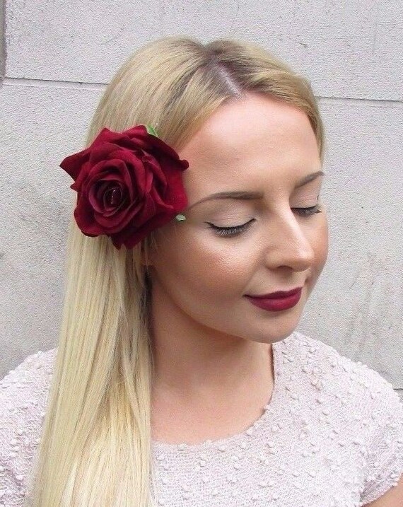 Pink Velvet Rose Hair Clip Brooch Flower Rockabilly Pin Up Wedding Races Prom