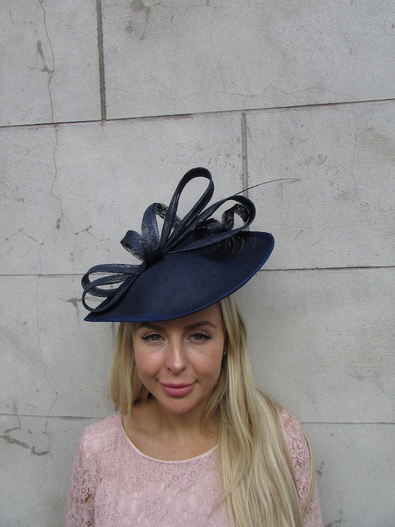 Large Navy Blue Feather Fascinator Hat Big Teardrop Wedding  display picture 1