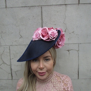 Dramatic Large Navy Blue Dusky Pink Blush Rose Flower Feather Fascinator Hat Big Teardrop Floral Hatinator Wedding Races Headpiece or-36