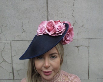 Dramatic Large Navy Blue Dusky Pink Blush Rose Flower Feather Fascinator Hat Big Teardrop Floral Hatinator Wedding Races Headpiece or-36