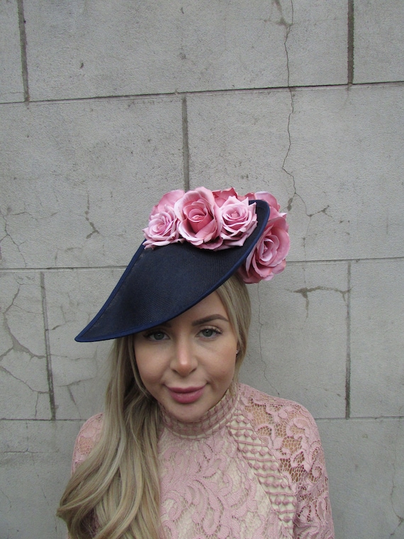 Navy Fascinator Headpiece with Pink Roses Large Navy Blue & Light Pink Sinamay Rose Flower Floral Disc  main image 4