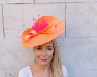 One off Piece Large Orange & Hot Pink Feather Straw Style Hat Fascinator Wedding Guest Races Disc Headband Hatinator Big Fuchsia u10505