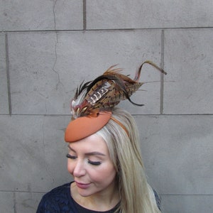 One off Piece Tan Brown Pheasant Feather Fascinator Pillbox Hat ...