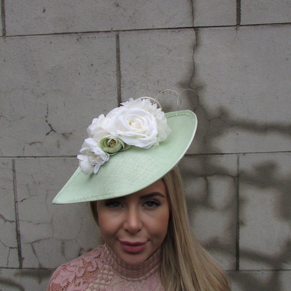 Large Mint Green Sage Ivory Cream Flower Fascinator Hat Big Teardrop Wedding Races Floral Hatinator Headpiece sh-475