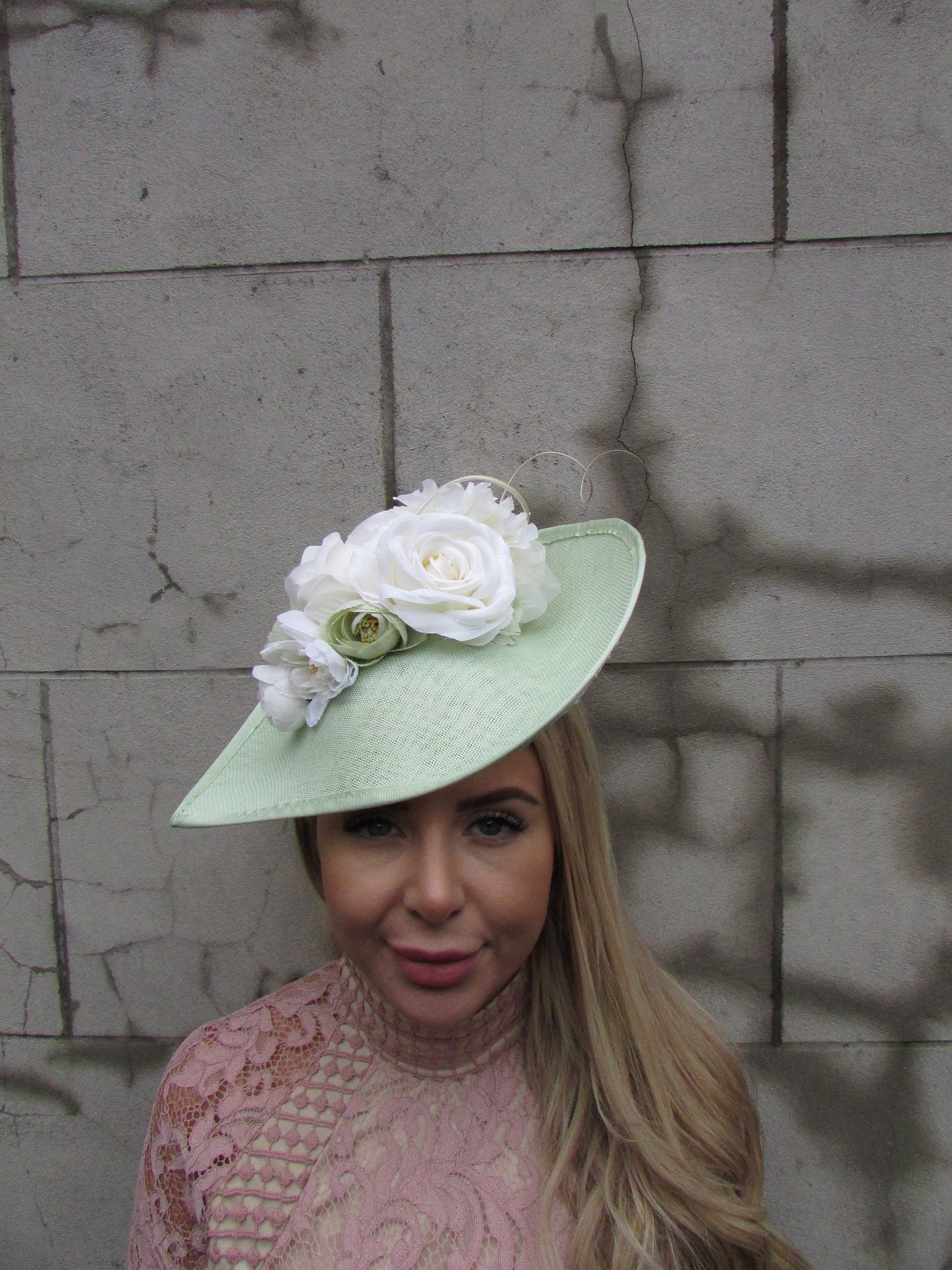 Large Mint Green Sage Ivory Cream Flower Fascinator Hat Big  display picture 2
