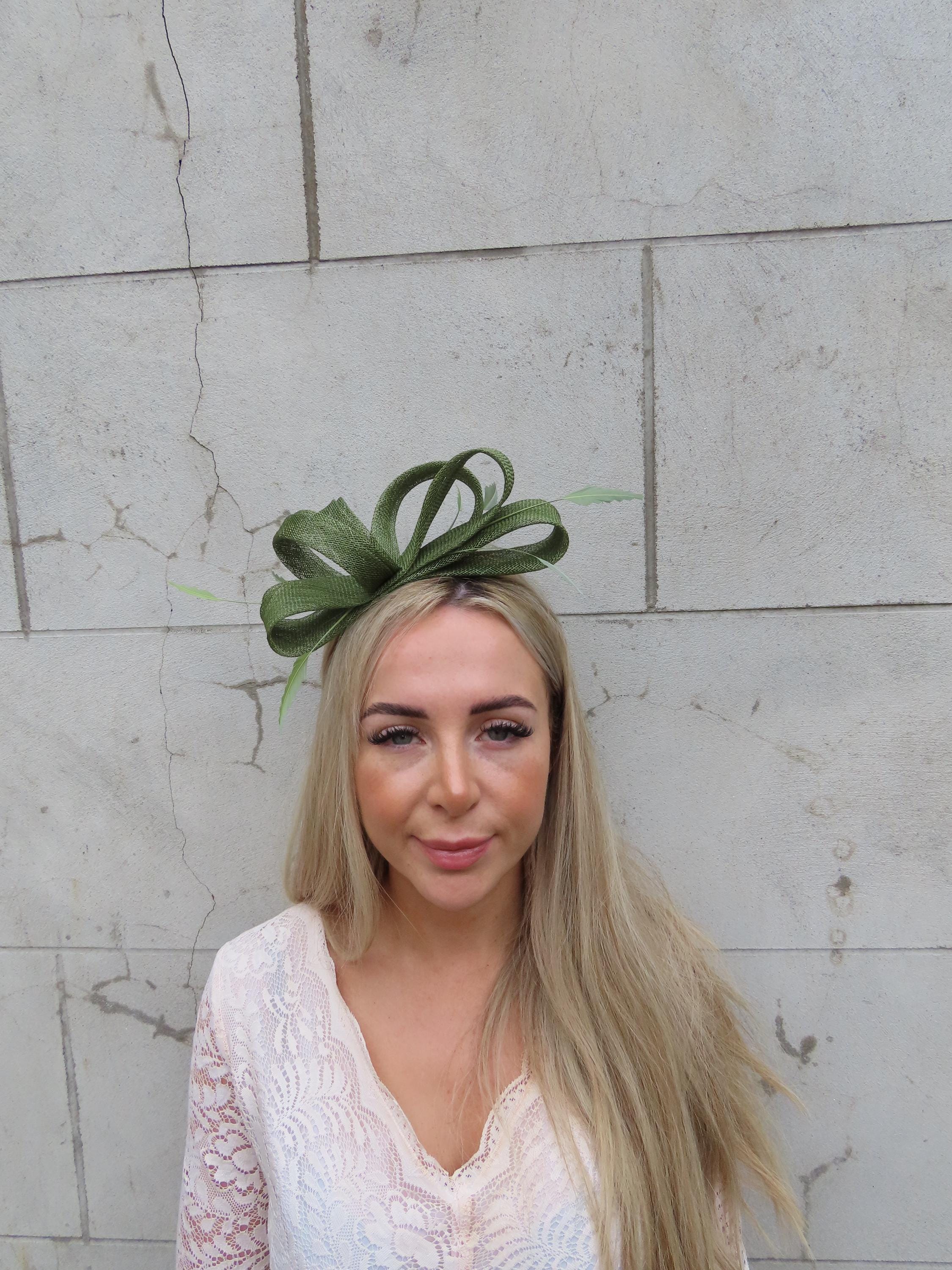 Fascinators Headband with Feather, Khaki Khaki Green Fascinator with Biot Feathers – Olive Wedding  main image 4