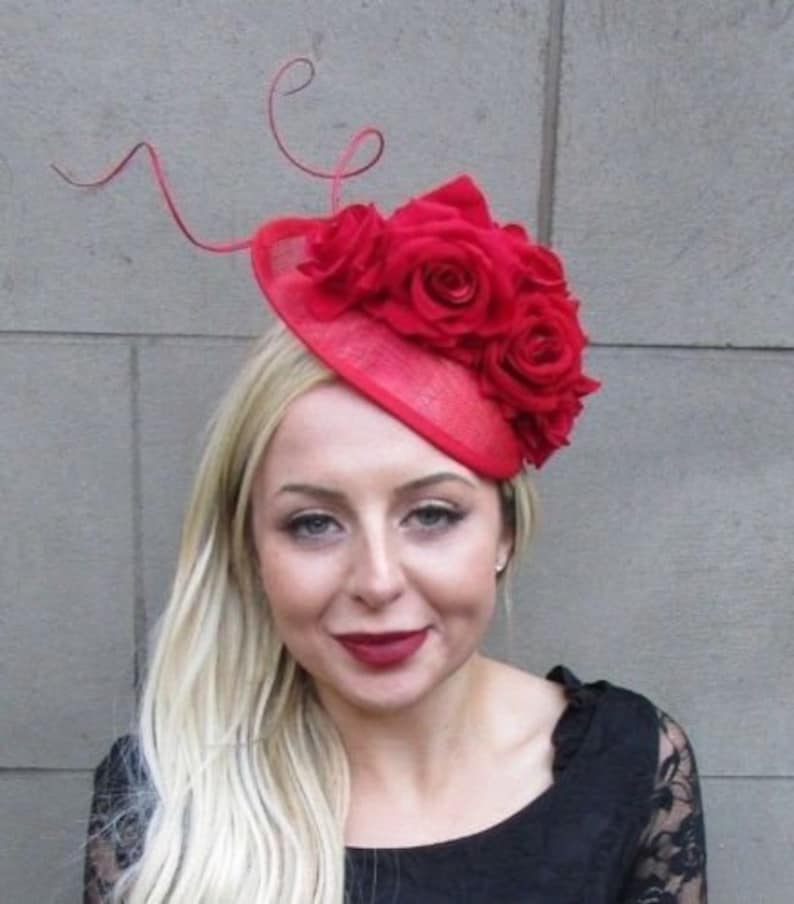 Red Rose Feather Flower Disc Saucer Hat Fascinator Hair Races Etsy