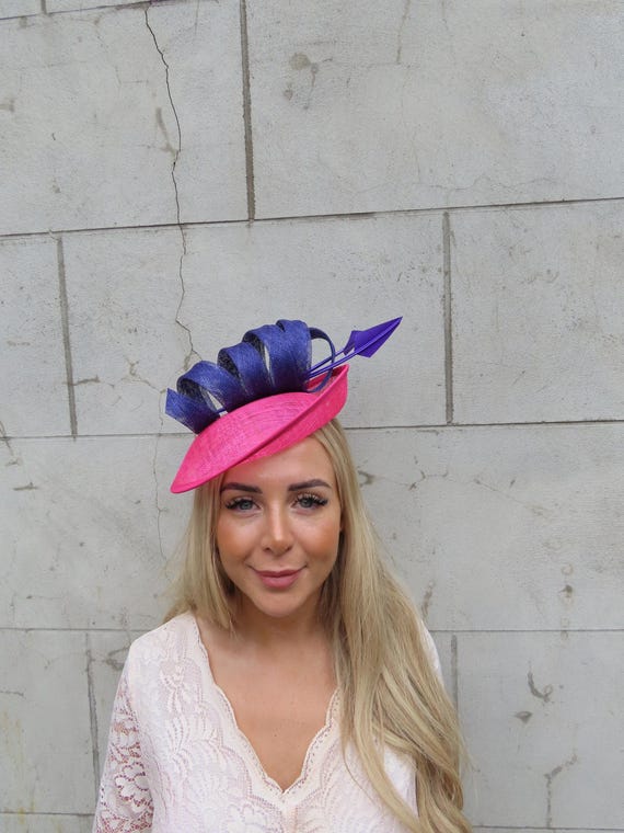 Hot Pink Purple Feather Hat Fascinator Sinamay Disc Saucer 