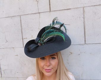 Large Black Rose Flower Feather Hat Fascinator Wedding Guest  display picture 2