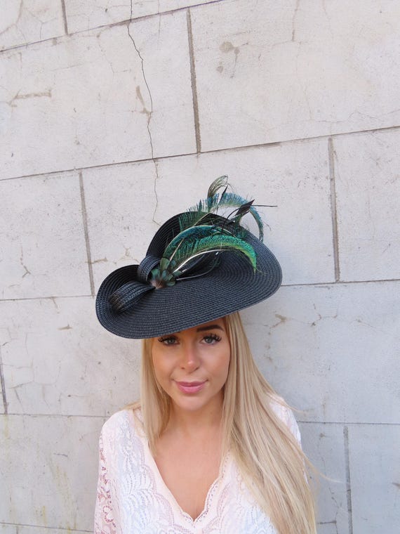 One off Piece Large Black & Green Peacock Feather Straw 