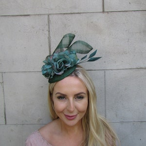 Bottle Green Dark Emerald Green Rose Flower Feather Hat Fascinator Wedding Races Hair Headpiece Sinamay SH-47