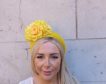 Yellow Feather Rose Flower Velvet Padded Headband Fascinator Headpiece Wedding Races Hairband Ascot Halo u10204a