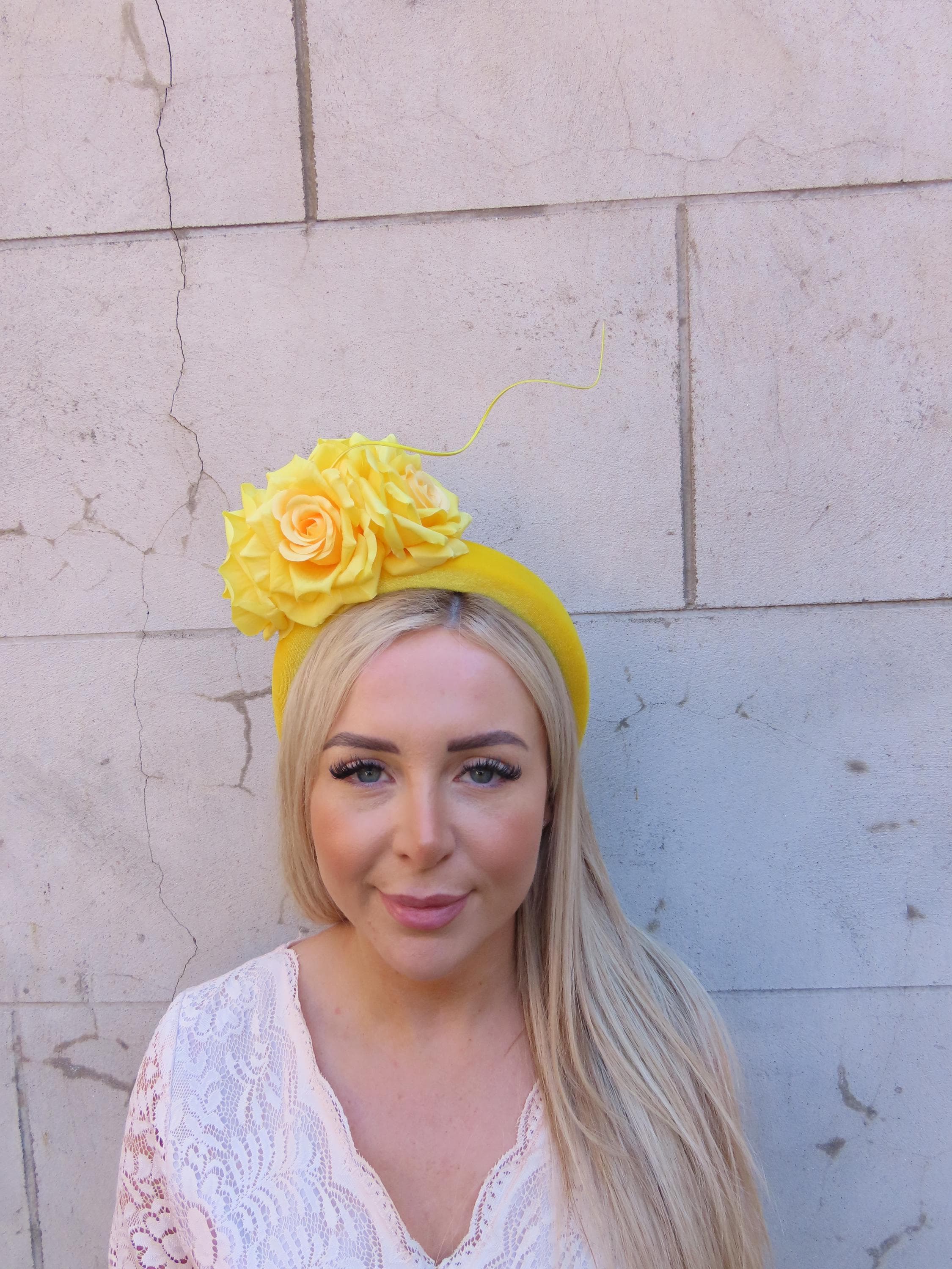 Yellow Floral Headband Fascinator with Pastel Rose & Feather Accents, NWT Pastel Yellow Fascinator - Etsy UK main image 3